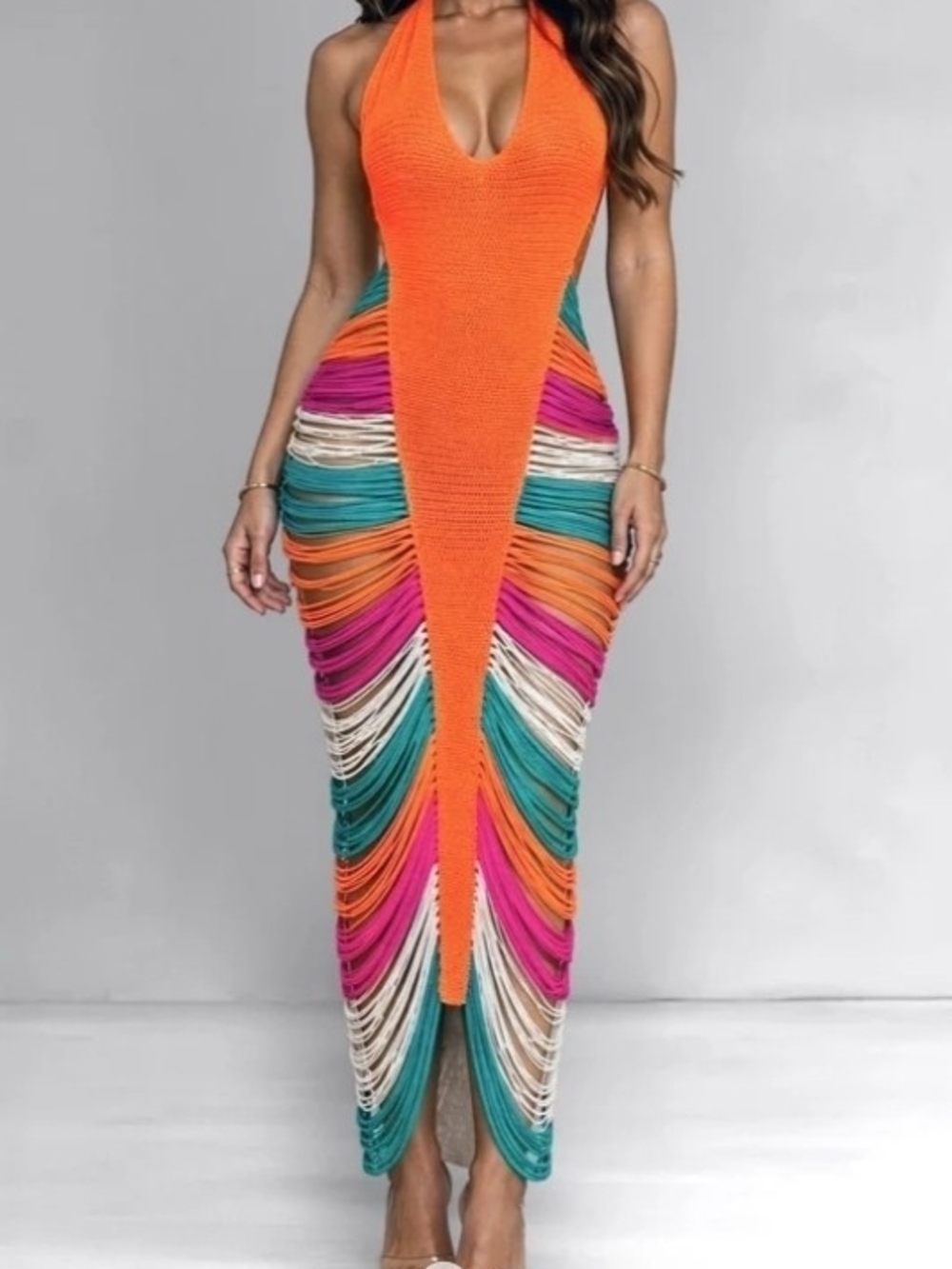 Hot Miami Styles Orange Halter Maxi with Multicolor Fringe